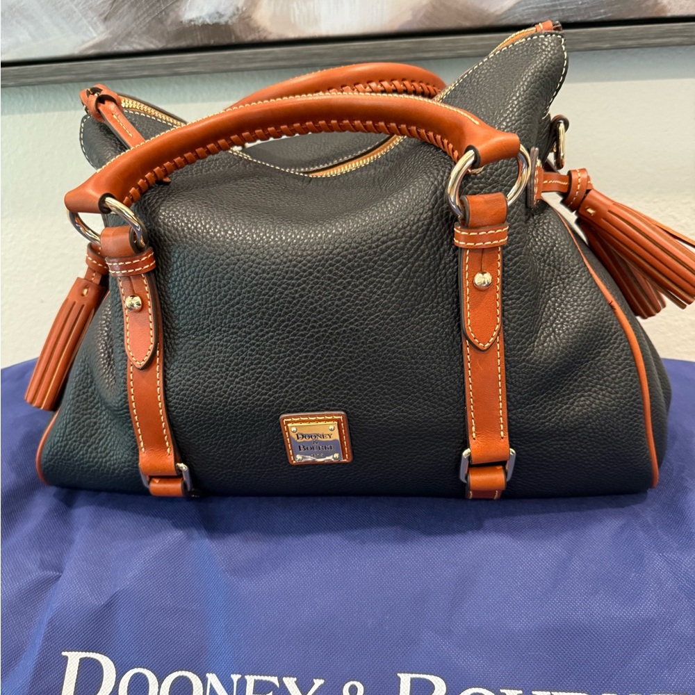 Dooney & Bourke Black and Tan Satchel with Structured Design Pebbled Leather